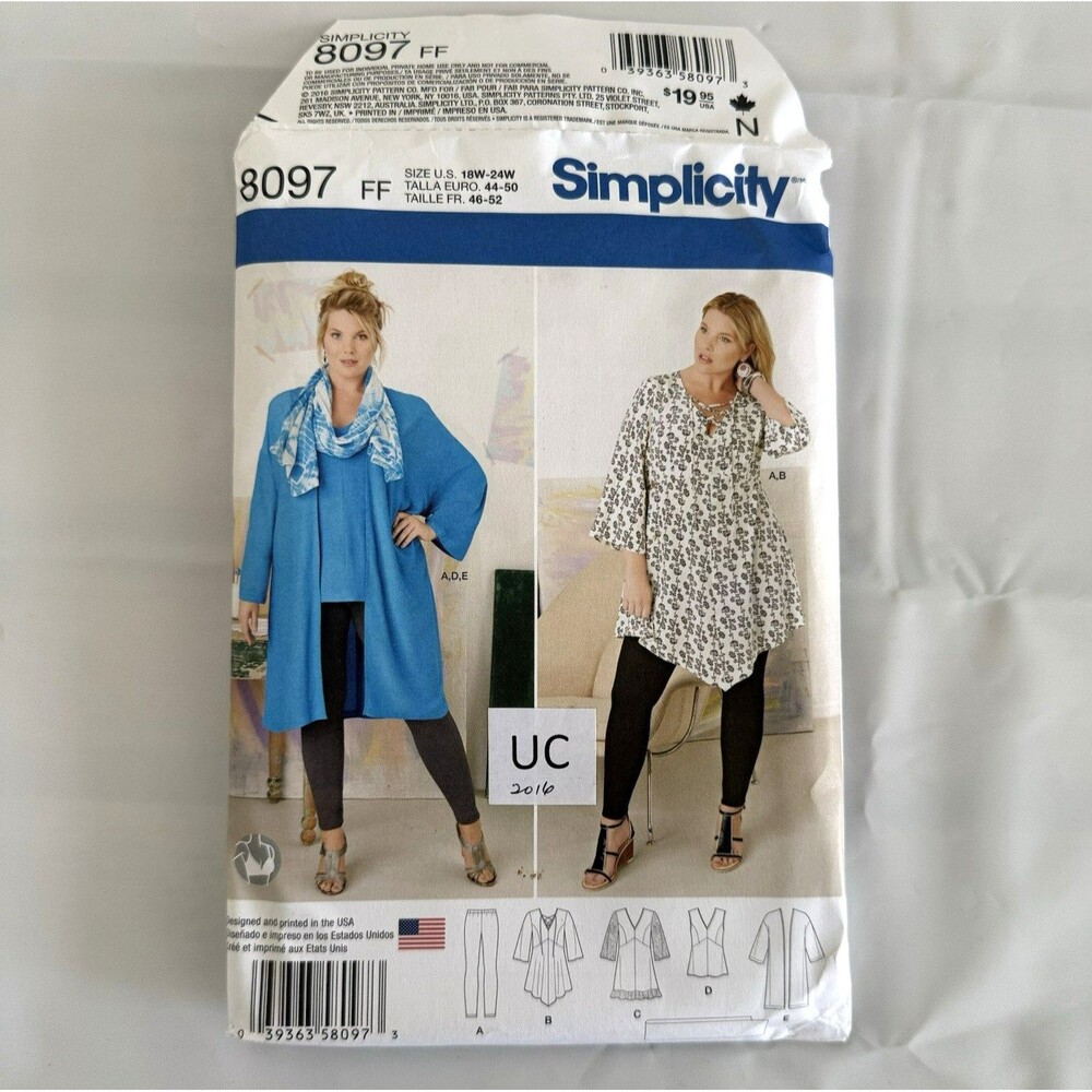 Simplicity 8097 Sewing Pattern Plus Size 18W-24W Tunic Scarf Leggings Kimono